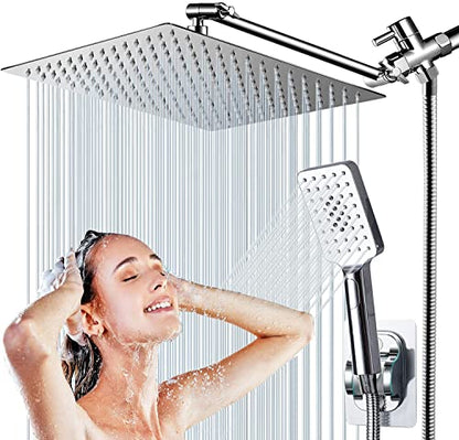 Rain shower heads with Handheld Spray Combo,8''High Pressure Rainfall Shower Head with 9'' Extension Arm,Square Shower head with 3 Setting Handheld Shower head and 78" Hose,Waterfall showerhead - color: Chrome, size: 8'' Showerhead Set