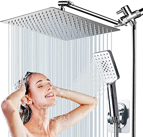 Rain shower heads with Handheld Spray Combo,8''High Pressure Rainfall Shower Head with 9'' Extension Arm,Square Shower head with 3 Setting Handheld Shower head and 78" Hose,Waterfall showerhead - color: Chrome, size: 8'' Showerhead Set