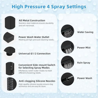 Hibbent All Metal CUPC Certified 8'' Rainfall Shower Head, Dual Shower Head Combo, High Pressure Handheld 4 Sprays Shower Wand, 16'' Adjustable Extension Arm, 71'' Hose, Shower Holder, Matte Black - color: Matte Black, style: Square 8''