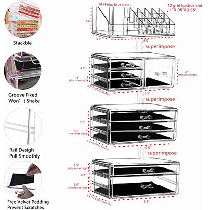 Cq acrylic 4 Pack Clear Make up Organizer Countertop,Stackable 9 Drawers Makeup Storage,Cute Vanity Organizers for dresser Hair Clip,Jewelry,Beauty Product Desk and Bathroom Organizers and Storage - style: Medium-9 drawers With Tray Top