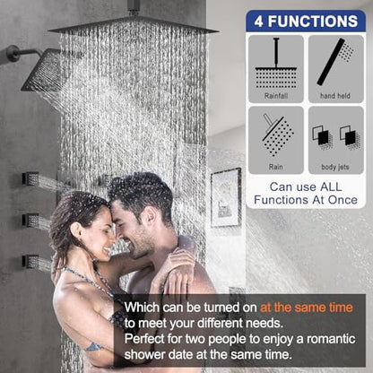 Black Shower Faucet Set Dual Shower Heads with 16" Ceiling Mounted Rain Shower Head & 6" Wall Mounted Head 4 Function Full Body Shower System with body jets,Matte Black - color: Matte Black, style: 16 inch +6 jets