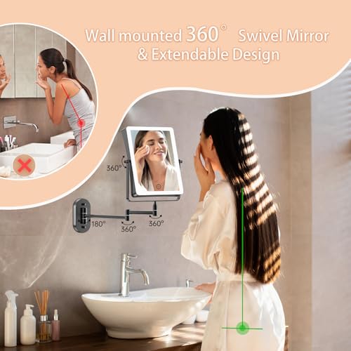 FASCINATE 8.7" 5000mAh Rechargeable Wall Mounted Makeup Mirror (Black) | Double Sided Touch Switch 1X 30X Rectangle Magnifying Mirror with Light, 3 Color Setting, Extended Arm 360° Swivel Foldable - color: Black a