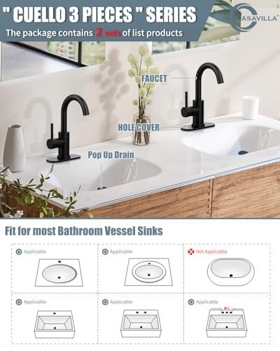Black Bathroom Faucet with Pop-up Sink Drain Stopper, Stainless Steel Bathroom Sink Faucet, Single Handle 360° Swivel Gooseneck Spout Suitable for Bar Kitchen RV Vanity - color: 1.Matte Black, style: 2 PCS