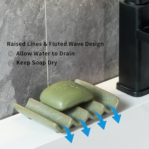 Draining Ceramic Soap Dish - Fluted Design, Bar Soap Holder for Shower & Bathroom, Soap Saver Sponge Lift, Green - color: Green, size: Fluted