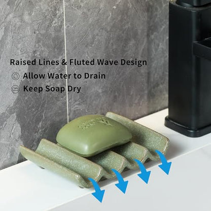 Draining Ceramic Soap Dish - Fluted Design, Bar Soap Holder for Shower & Bathroom, Soap Saver Sponge Lift, Green - color: Green, size: Fluted