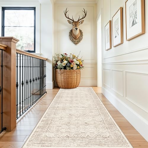Washable Runner Rug 3x10 Hallway: Non Slip Farmhouse Kitchen Carpet with Rubber Backing for Entryway Long Soft Vintage Indoor Floor Mat for Bathroom Bedroom (Ivory Taupe 3'x10') - color: Ivory Taupe, size: 3' x 10' (Rectangular)