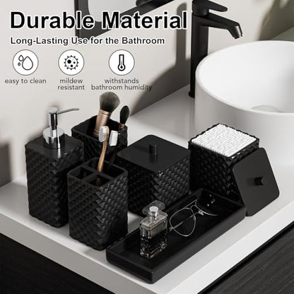 Bathroom Accessories Set Resin 6PCS, Square Toothbrush Holders Set Complete with Soap Dispenser, Vanity Tray, Tumbler, Cups and Cotton Swab Jars (Black Diamond, Resin Bath 6 PCS) - color: Black Diamond