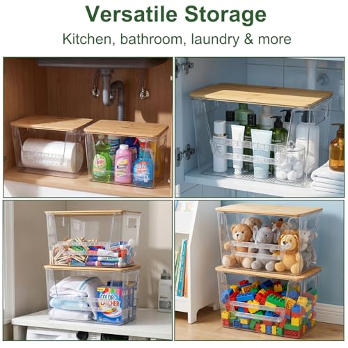 FUSHITON 2 Set Pantry Organizers, Clear Trash Bag Holder with Bamboo Lids | Stackable Trash Bag Dispenser for Potato, Onion, Garlic, Storage Bins for Kitchen Under Sink, Laundry Room
