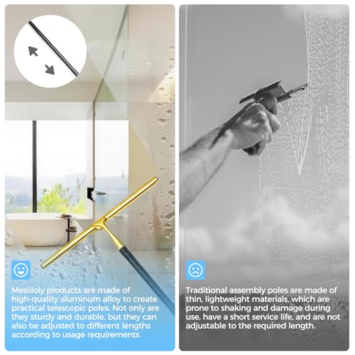 17“- 60" Extendable Long Handle 2-in-1 Window Squeegee Gold | 12.4" Wide Metal Shower Squeegee for Glass Doors, 2-in-1 Squeegee for Home Window Cleaning, Tile Wall, Car - color: Black/Gold