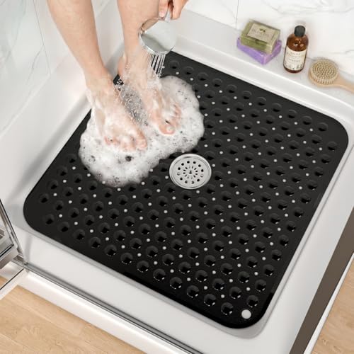 HITSLAM Square Shower Mat, Non Slip PVC Stall Mat, 24"x24", Black | Power Grip Suction Cups, Center Drain Hole, Built-In Hanging Holes, Machine Washable Bathroom Floor Mat, Soft On Feet - color: Smoked Black
