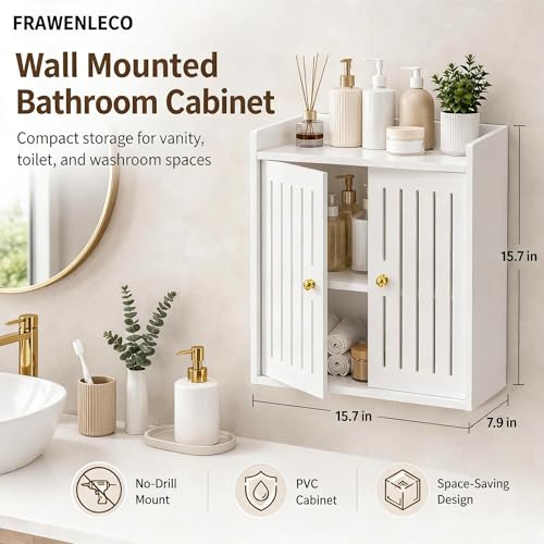Bathroom Wall Cabinet, Wall Mounted Bathroom Organizer with Double Doors, No Drill PVC Storage Shelf for Toilet, Vanity, Washroom, Sink Area, White Bathroom Cabinet, 15.7 x 7.9 x 15.7 in