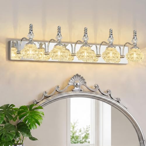 Modern Glass Crystal Vanity Light - Vintage Bathroom Lighting Fixtures Over Mirror, 5 Light Vanity Lights, G9 Bulb (35.43 Inch, Chrome) - color: Chrome, size: 5-light