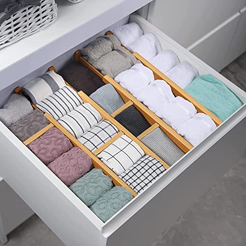 Adjustable Bamboo Drawer Dividers for Clothes, Kitchen Utensils, Office Desks, Bathroom Accessories, Socks and Underwear, and Personal Items, 4 Dividers with 4 Partitions