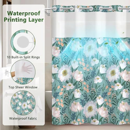 Floral No Hook Shower Curtain with Snap in Liner, Double Layers Waterproof Bathroom Shower Curtain Sets with See Through Window and Weighted Hem, 71x74 Inches Shower Curtain for Bathroom and Hotel - color: Blooming Garden