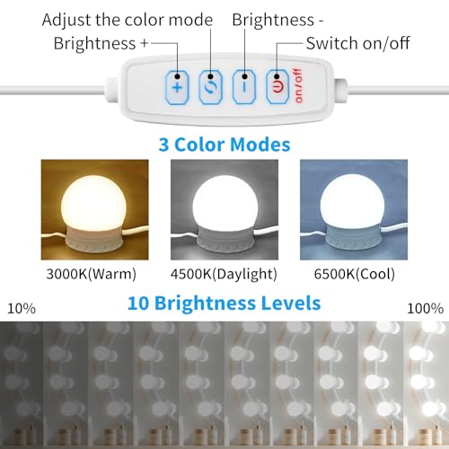 LED Vanity Mirror Lights with 12 Stick On Dimmable Bulbs, 3000K 4500K 6500K & 10 Brightness Levels Adjustable, Plug in USB Cable, Hollywood Style Mirror Lights for Makeup Desk Bathroom Dressing Room - size: 12 Bulbs