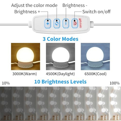 LED Vanity Mirror Lights with 12 Stick On Dimmable Bulbs, 3000K 4500K 6500K & 10 Brightness Levels Adjustable, Plug in USB Cable, Hollywood Style Mirror Lights for Makeup Desk Bathroom Dressing Room - size: 12 Bulbs