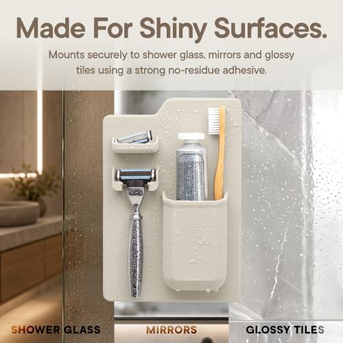TOOLETRIES The Harvey Toothbrush & Razor Holder - Sand | Silicone bathroom organiser with a reusable adhesive mount for toothbrushes, toothpaste and razors.