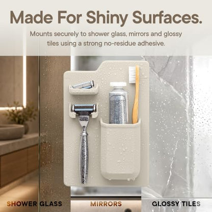TOOLETRIES The Harvey Toothbrush & Razor Holder - Sand | Silicone bathroom organiser with a reusable adhesive mount for toothbrushes, toothpaste and razors.