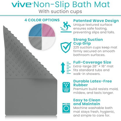 Vive Non-Slip Bath Mat with Suction Cups - 28" x 16" Extra Large Rubber Mat | For Safety & Comfort - Patented Grip Prevents Slips and Falls for Kids, Elderly, Men, Women - XL Non Skid Shower & Tub Cover - color: Gray