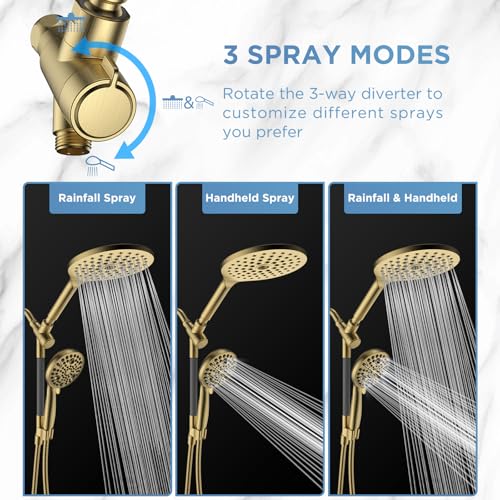 Dual Handheld Shower Head Combo, 2-in-1 Rain Shower Heads System 8 Inch Rainfall Shower Head and 10 Modes High Pressure Hand Held Showerhead with Built-in Power Wash - color: Gold, size: 8 Inch Standard