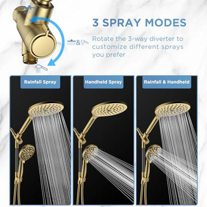 Dual Handheld Shower Head Combo, 2-in-1 Rain Shower Heads System 8 Inch Rainfall Shower Head and 10 Modes High Pressure Hand Held Showerhead with Built-in Power Wash - color: Gold, size: 8 Inch Standard