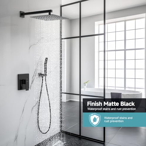 SR SUN RISE Shower Faucet Set & System - 12 Inch Rainfall Shower Head & Handle Set Wall Mounted Matte Black Solid Brass Valve Trim Kit Included - color: Matte Black, size: 12 Inch
