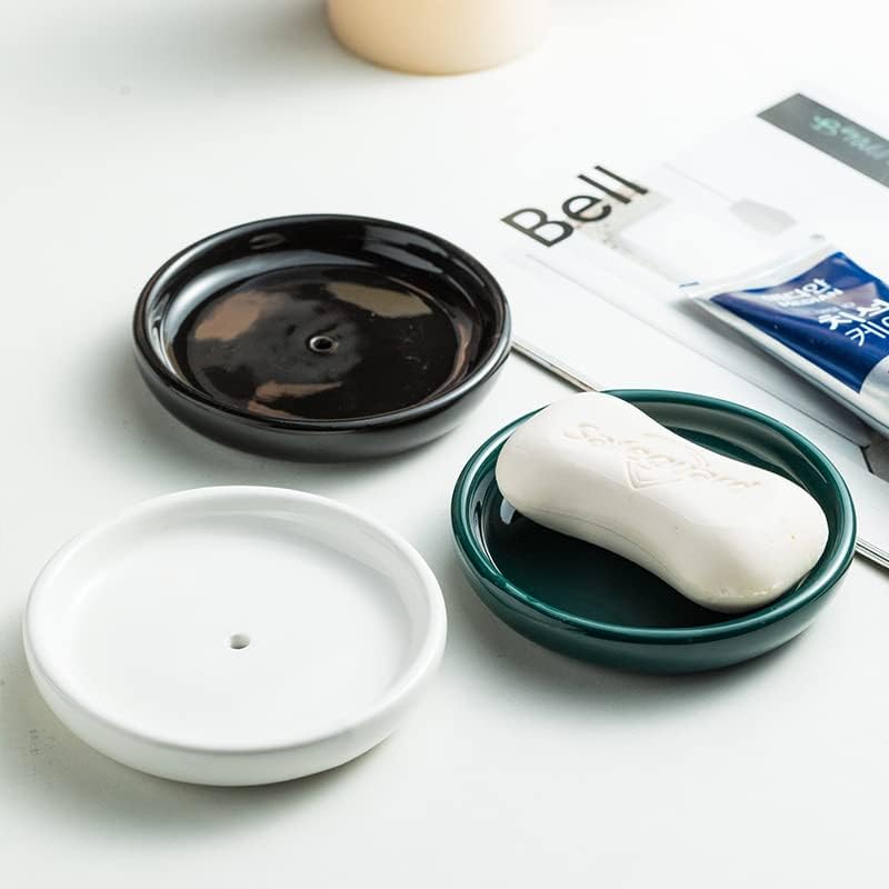 Round Self Draining Soap Dish, Small Ceramic Tray, Cute Jewelry Dish, Keep Soap Dry & Bathroom Décor (White) - color: White
