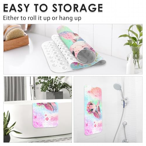 Cute Pink Sea Turtle Bathtub Shower Mat Marine Life Ocean Flower Non-Slip Tub Mat Extra Long Bath Floor Mats 40X16 Inch Machine Washable for Bathroom Tub Bath Mat for Toddler and Baby - color: Pink Sea Turtle