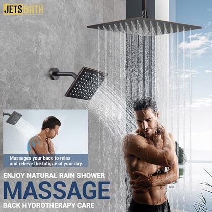 16" Thermostatic Dual Rainfall Head Shower System with Handheld & Valve, 16” Ceiling Shower Faucet Set with 6-Inch Shower Head, JetsBath Oil Rubbed Bronze Full Body Shower System for Couples/2-Person - color: Oil Rubbed Bronze
