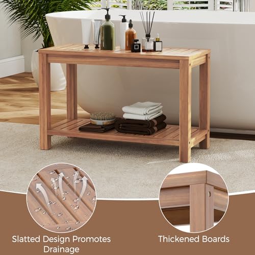 Giantex Teak Shower Bench with Shelf, 30 Inch Shower Stool with Slatted Seat for Elderly Seniors, Waterproof Bathroom Spa Bathing Seat Foot Rest Entryway Bench for Indoor and Outdoor Use - size: 30" x 12.5" x 18"