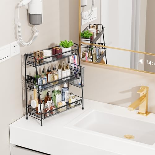 VITVITI 3-Tier Bathroom Organizer Countertop, Metal Wire Mesh Bathroom Counter Organizer Storage with Basket Hooks, Vanity Tray Shelf, Kitchen Spice Rack (Black) - color: 3 Tier Large Black