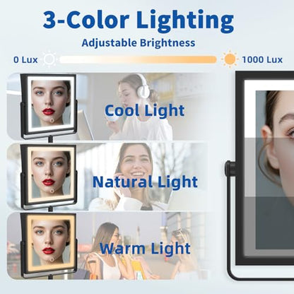 Ruacq Wall Mounted Makeup Mirror with Lights 1X/10X Dual Sided Matte Black | 8",4000mAh Rechargeable,Magnification,3 Color,Touch Screen Dimmable,360° Rotation Extension Foldable Arm, Square, Women Gift - color: Matte Black