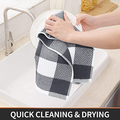 Homaxy Cotton Plaid 4 Pack Kitchen Towels, 13" x 28", White & Dark Grey | Waffle Weave, Plaid, Super Soft and Absorbent Dish Towels, Quick Drying, Multi-Purpose - color: White & Dark Grey, size: 13 x 28 - 4 Pack