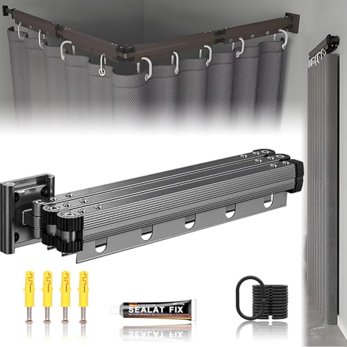 Wall Mount Folding Shower Curtain Rod, 57 Inches (4-Fold), Adjustable Diamond Shaped Corner Shower Curtain Rod 90 Degrees, No Drill, Space Saver, Bathroom Bathtub, Clothing Store, Dressing Rooms - color: grey, size: 57IN+8IN