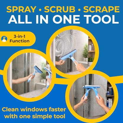 3-in-1 Window Squeegee with Spray Bottle, Handheld Glass Cleaning Tool with Microfiber Scrubber and Silicone Blade, Refillable Window Cleaner for Mirrors, Shower Doors, Tiles & Car Windows (Blue) - color: Blue