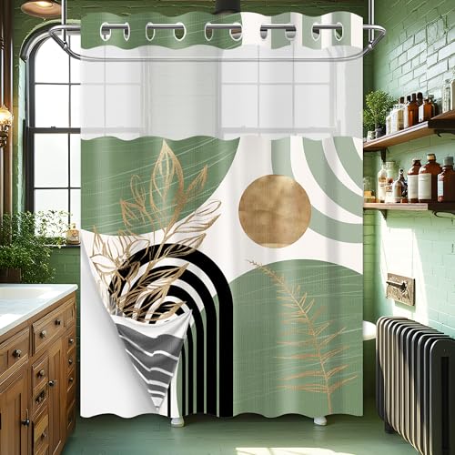 Sage Green Hookless Shower Curtain with Snap in Liner, Boho Mid Century Black and Light Green No Hook Double Layer Shower Curtains and Liner Set, Waterproof Cloth Fabric，71" W X 77" L - color: Green, size: 71"W x 77"L (Pack of 1)