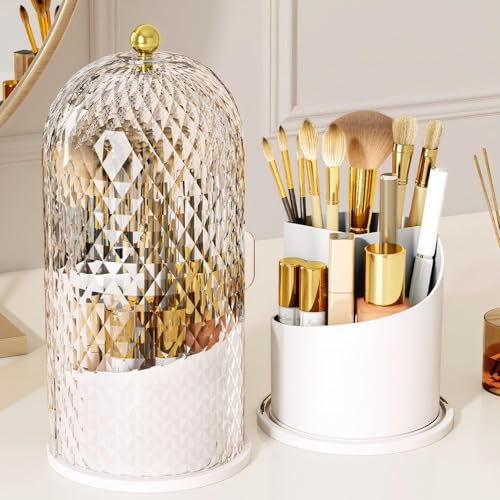 Makeup Brush Holder with Lid,360 Rotating Makeup Organizer | Makeup Brush Organizer with Diamond Pattern,Waterproof,Dustproof,Easy-Clean for Desk,Bathroom Countertop,Vanity,Travel,White