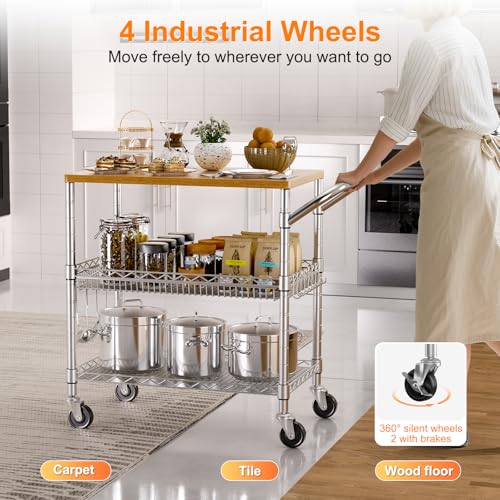 NTE Rolling Kitchen Carts on Wheels, 650Lbs Capacity 3 Tier Utility Cart with Wood Tabletop, Kitchen Storage Cart with 8 Hooks, Metal Serving Cart with Handle and Shelf Liners for Kitchen, Restaurant - color: Wood-silver