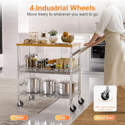 NTE Rolling Kitchen Carts on Wheels, 650Lbs Capacity 3 Tier Utility Cart with Wood Tabletop, Kitchen Storage Cart with 8 Hooks, Metal Serving Cart with Handle and Shelf Liners for Kitchen, Restaurant - color: Wood-silver