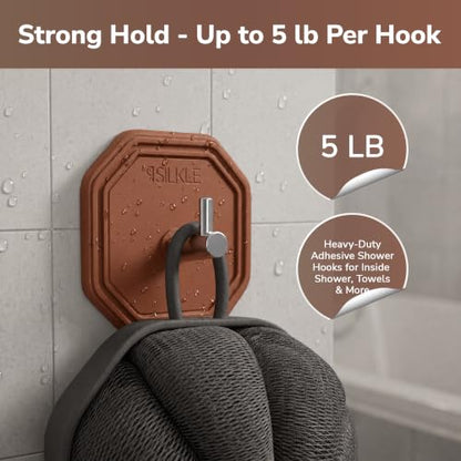 SILKLE Silicone Shower Hooks for Inside Shower, 2-Pack Adhesive Towel Hooks | Adhesive Shower Hooks, No Drill - Razor & Loofah Holders for Shower Wall, Heavy-Duty, Waterproof, Damage-Free - Brown - color: Brown
