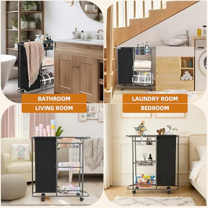 3-Tier Rolling Laundry Cart with Wheels and 45L Bag, Black | Between Washer and Dryer, Heavy Duty, For Narrow Space Laundry Room Bathroom Bedroom - color: Black