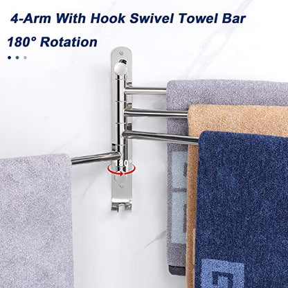 NearMoon Swivel Towel Rack, 13.8" Thicken 304 Stainless Steel 4-Arm Towel Bar, Space Saving Wall Mounted Towel Holder with Hook, Rustproof Swing Out Towel Hanger for Bathroom, Kitchen (Chrome Finish) - color: Chrome Finish, size: 13.8 Inch