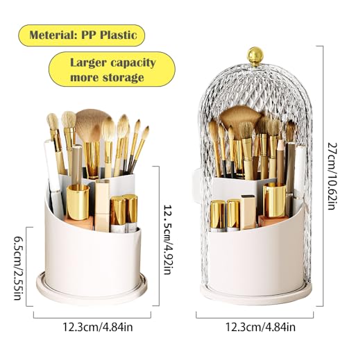 Makeup Brush Holder with Lid, 360 Rotating Multifunction Clear Dustproof Skincare Cosmetic Tools Storage Organizer for Vanity Desktop Bathroom Countertop (White) - color: White