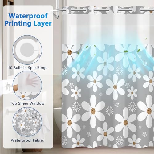 No Hook Shower Curtain and Liner Set, Grey and White Floral Shower Curtain with Snap in Liner and Mesh Top Window, Waterproof Shower Curtains with Weighted Hem for Bathroom and Hotel, 71x74 Inches - color: White Daisies