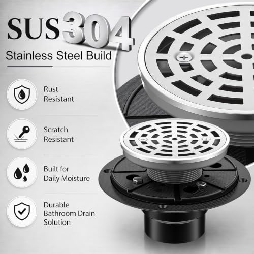Lounsweer 2 Pack 4-1/4 Inch Round Shower Drain Brushed Nickel | Sus304 Stainless Steel with Removable Grid Grate Covers Adjustable PVC Base Flange for Bathroom Floor
