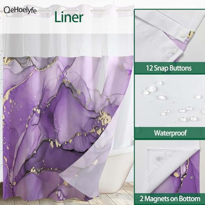 Purple Marble No Hook Shower Curtain with Snap in Liner- Luxury Marble Shower Curtains for Bathroom- Fabric Inner Liner, Modern Abstract Gold Stripes Bath Curtains- Machine Washable,71 x 74 - color: Purple Marble