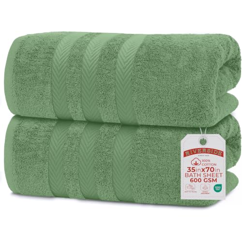 RIVERSIDE Pack of 2 Extra Large Bath Sheets 35 x 70 Inches, 100% Ring Spun Cotton, Hotel Quality, Oversized Bath Towels, Super Soft, Highly Absorbent & Quicker to Dry, Sage Green - color: Sage Green, size: Bath Sheets (PK 2)