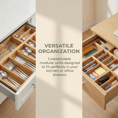 Bamboo Drawer Organizer with Removable Dividers, Fits Kitchens, Bathrooms, Desk, Utensil, Makeup (Natural, S) - size: S