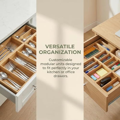 Bamboo Drawer Organizer with Removable Dividers, Fits Kitchens, Bathrooms, Desk, Utensil, Makeup (Natural, S) - size: S