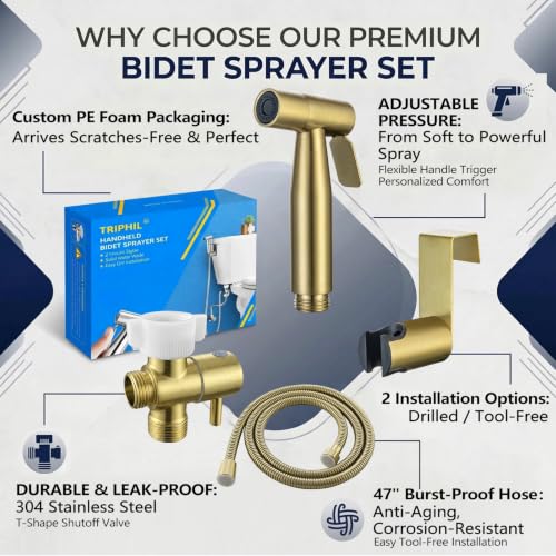 TRIPHIL Handheld Bidet Sprayer for Toilet, Adjustable Water Pressure Jet Bidet Attachment with Leak-Proof 304 Stainless Steel T-Valve for Bathroom Cleaning, Cloth Diaper/Feminine Wash, Brushed Gold - color: Brushed Gold